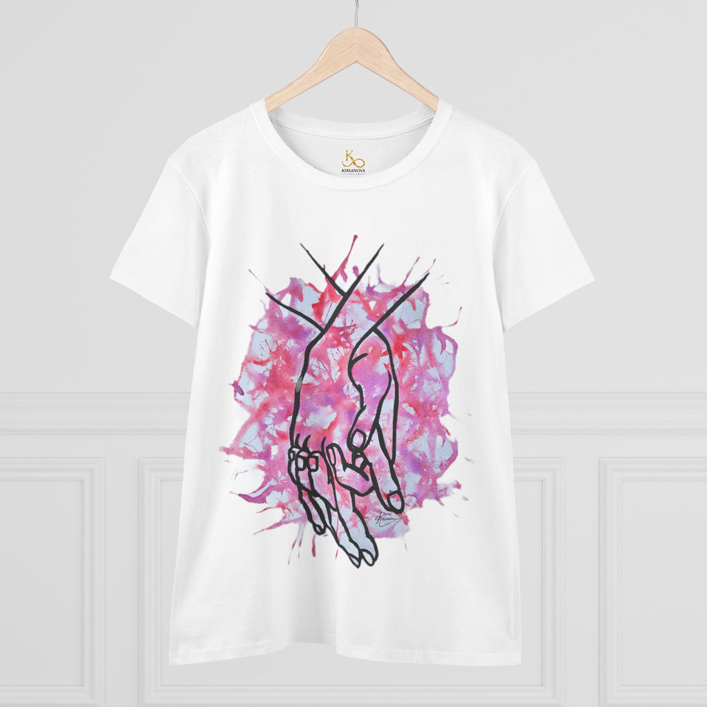 Holding Hands Outline Tee — Romantic Pink Watercolor Women's T-Shirt