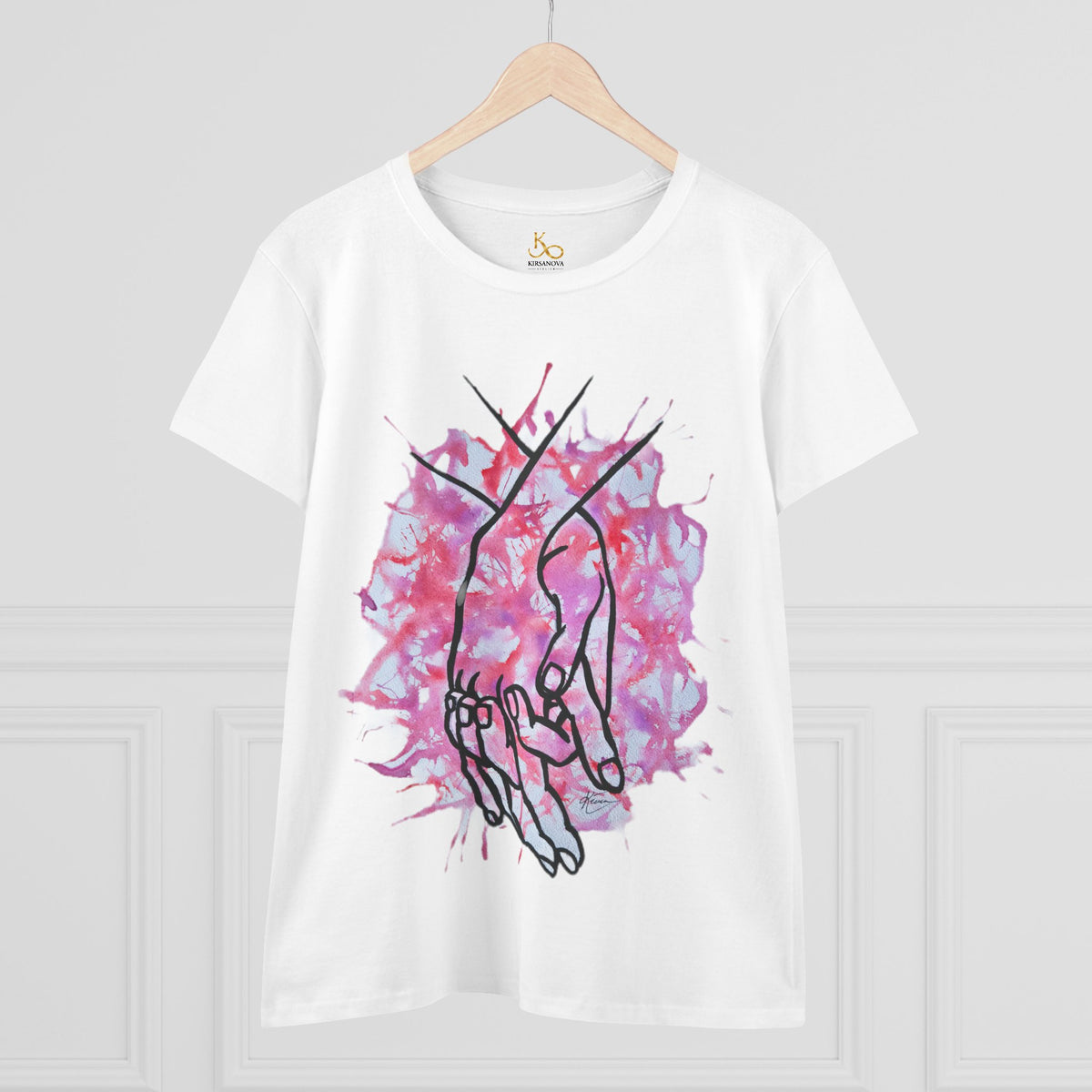 Holding Hands Outline Tee — Romantic Pink Watercolor Women's T-Shirt