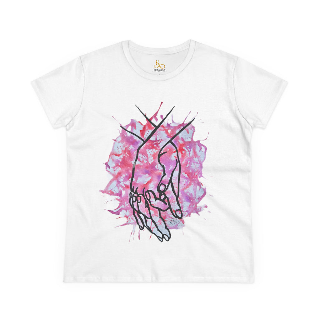 Holding Hands Outline Tee — Romantic Pink Watercolor Women's T-Shirt