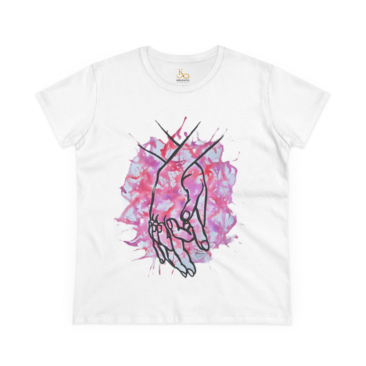 Holding Hands Outline Tee — Romantic Pink Watercolor Women's T-Shirt