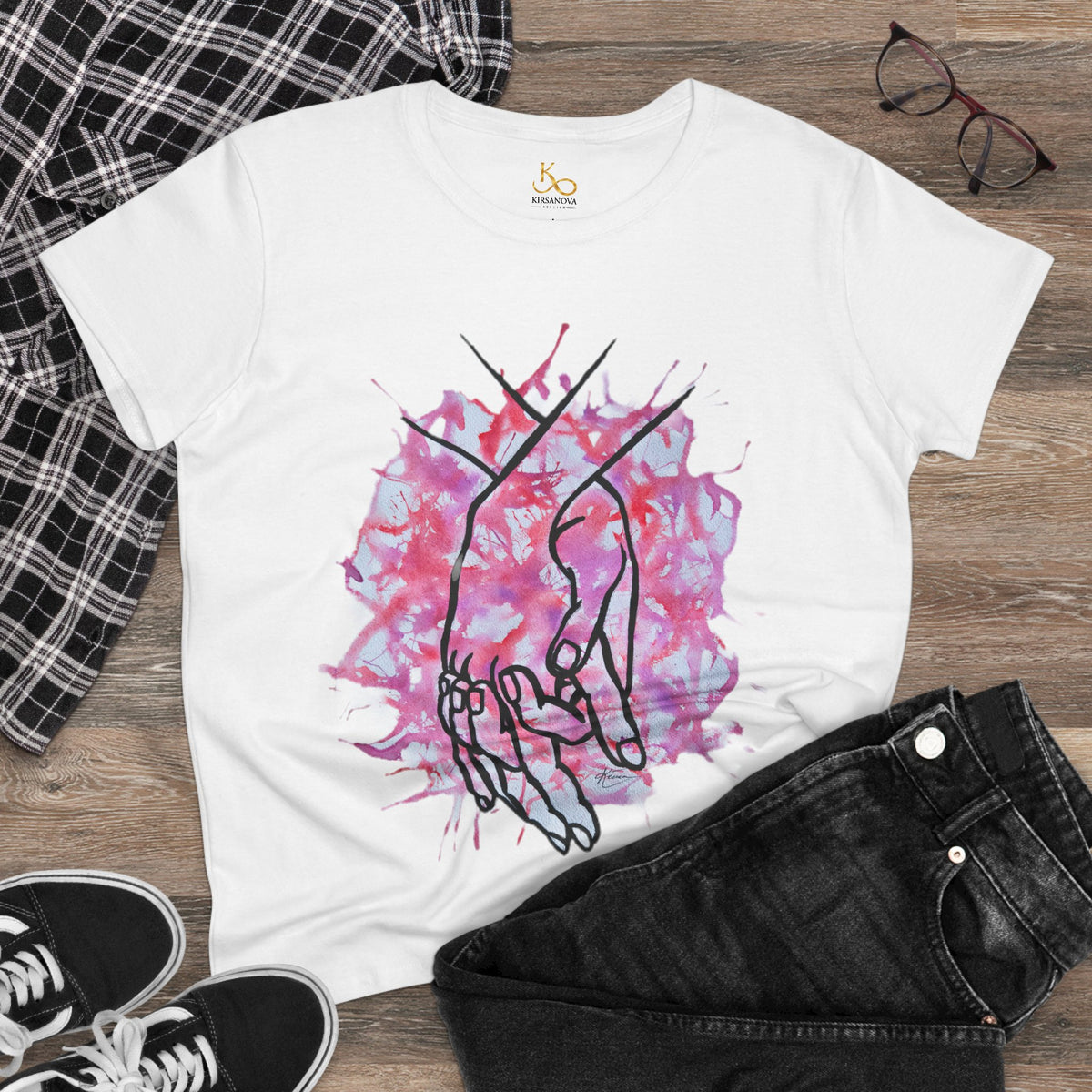 Holding Hands Outline Tee — Romantic Pink Watercolor Women's T-Shirt